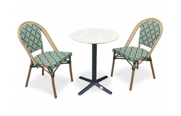 Lot composé d'une table de jardin BISTRO-TB60-TRZ et de 2 fauteuils BISTRO-FT-TEX-VERT empilables
