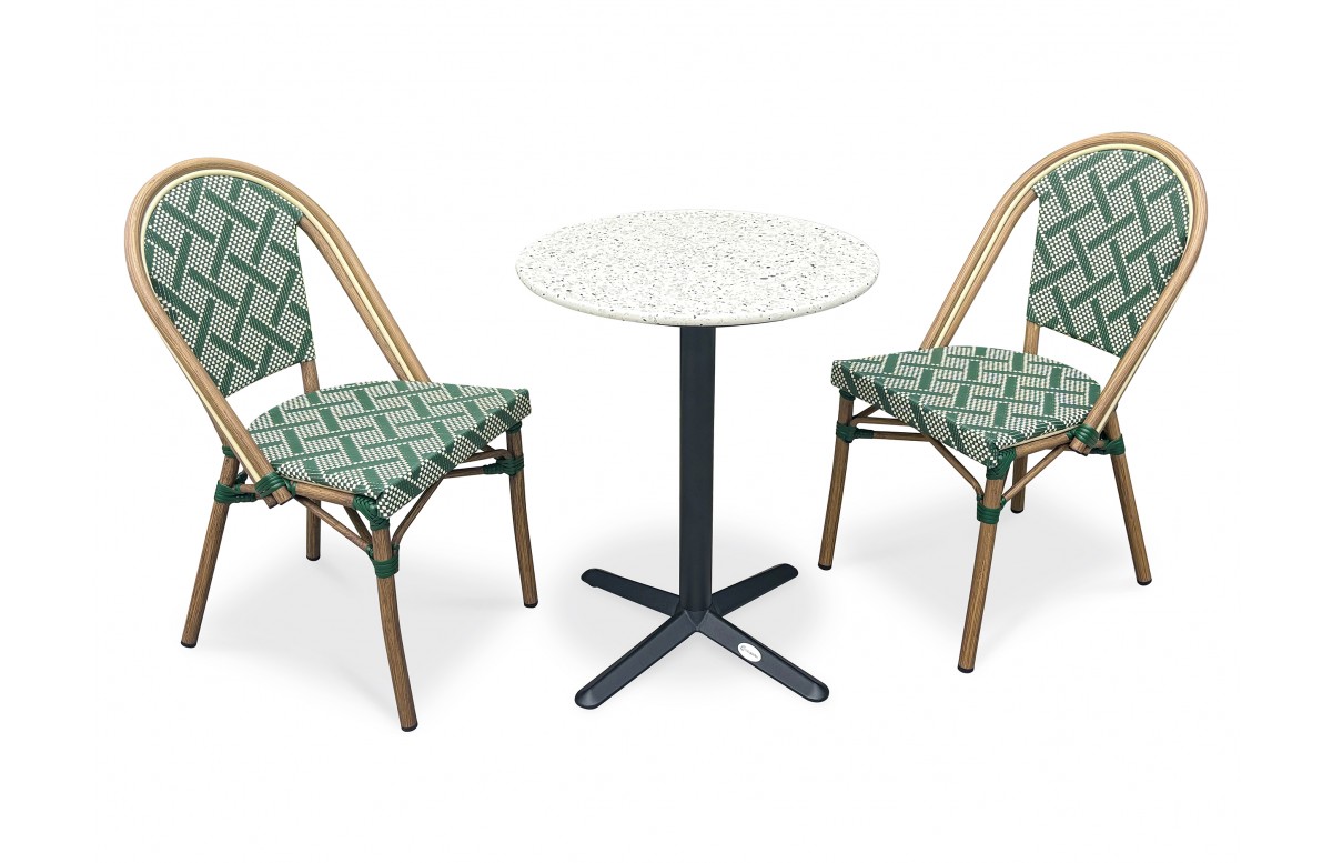 Lot composé d'une table de jardin BISTRO-TB60-TRZ et de 2 fauteuils BISTRO-FT-TEX-VERT empilables