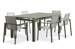 Lot composé d'une table de jardin MIAMI-TB240-KAKI avec rallonge et de 6 fauteuils MIAMI-FT-KAKI empilables