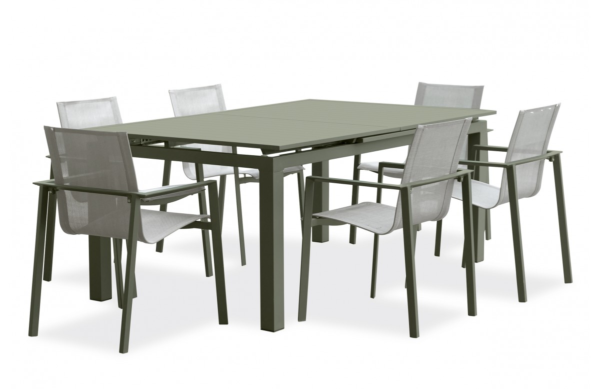Lot composé d'une table de jardin MIAMI-TB240-KAKI avec rallonge et de 6 fauteuils MIAMI-FT-KAKI empilables