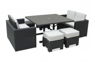 Ensemble repas de jardin OCEANE LUNCH encastrable 8 places en résine tressée et plateau verre - NOIR