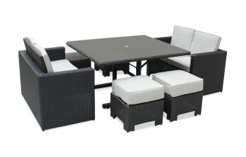 Ensemble repas de jardin OCEANE LUNCH encastrable 8 places en résine tressée et plateau verre - NOIR
