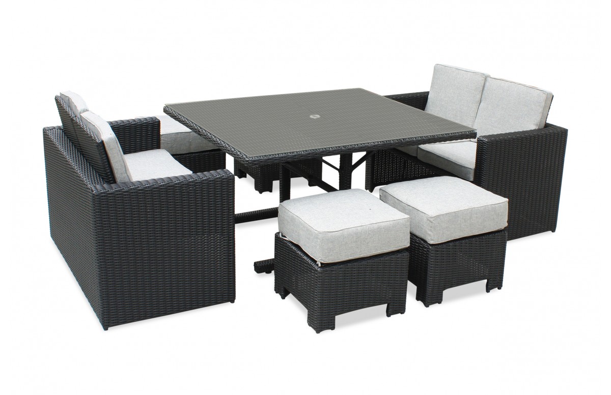 Ensemble repas de jardin OCEANE LUNCH encastrable 8 places en résine tressée et plateau verre - NOIR